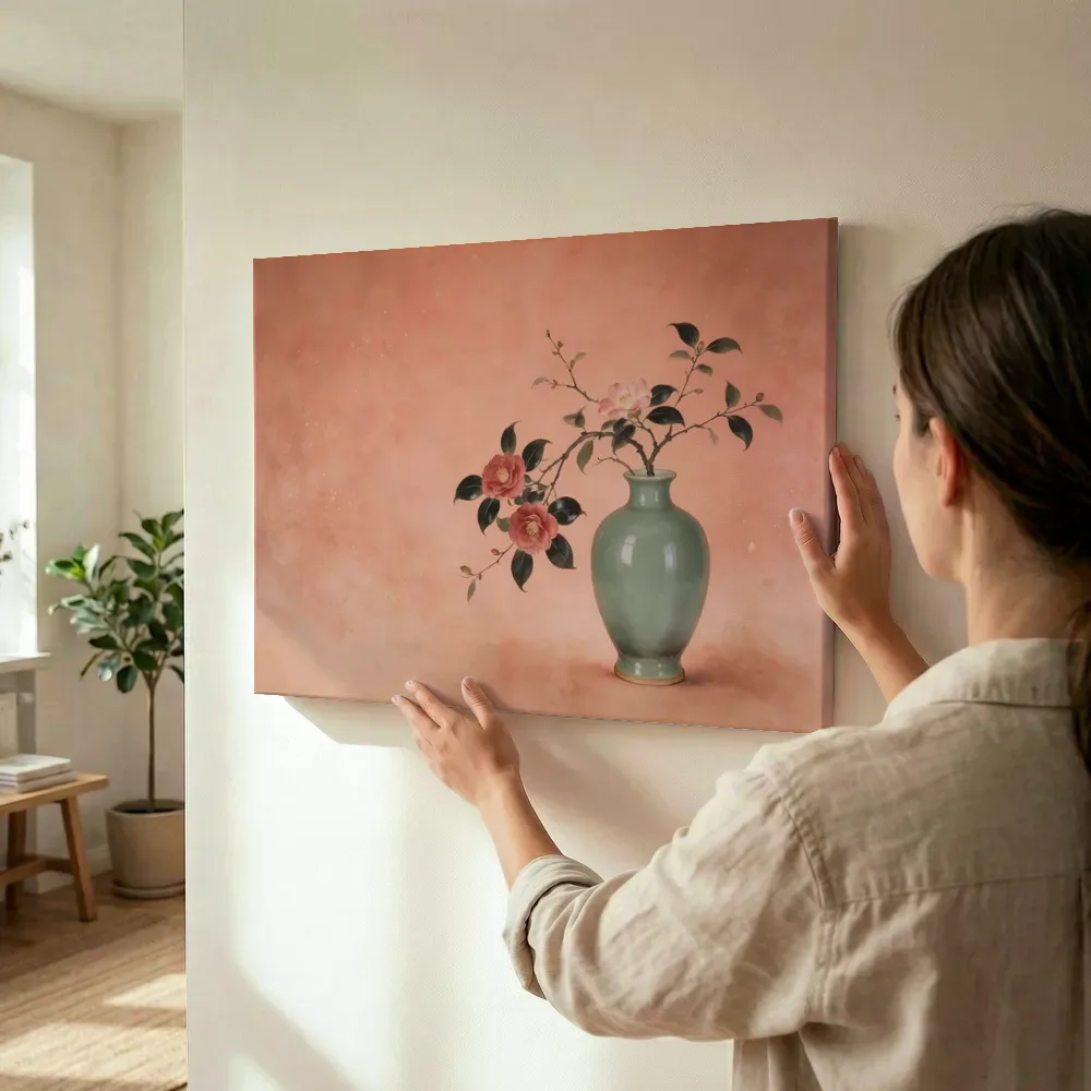 Sfeerimpressie: Camelia in koraal en goud terwijl het wordt opgehangen