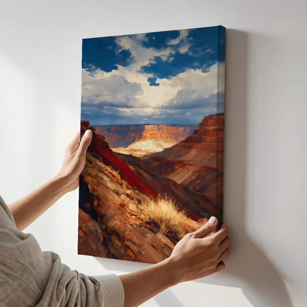 Sfeerimpressie: Canyon met gestreepte wanden op rode aarde terwijl het aan de muur wordt gehangen