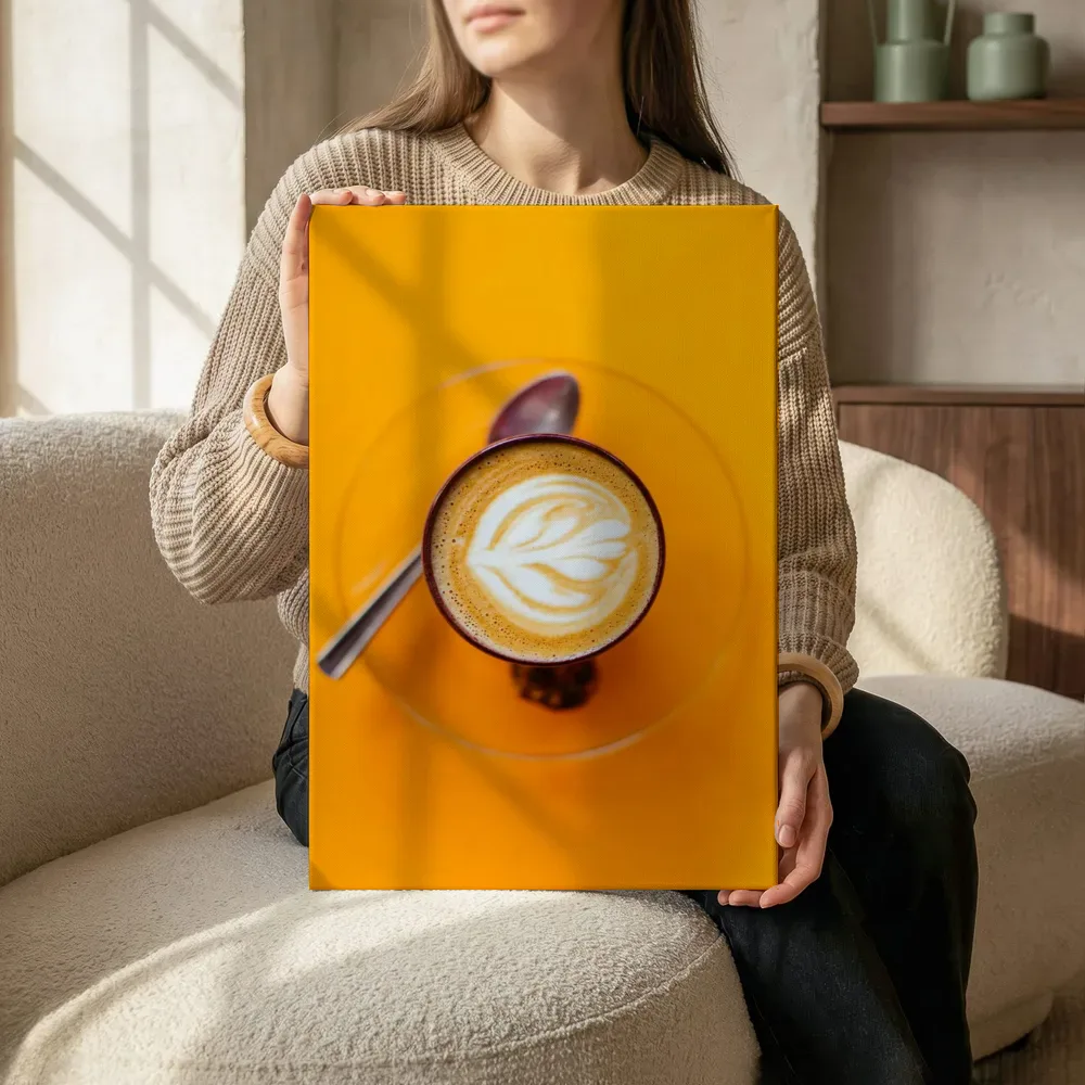 Sfeerimpressie: Cappuccino op oranje tafel terwijl het zittend wordt getoond