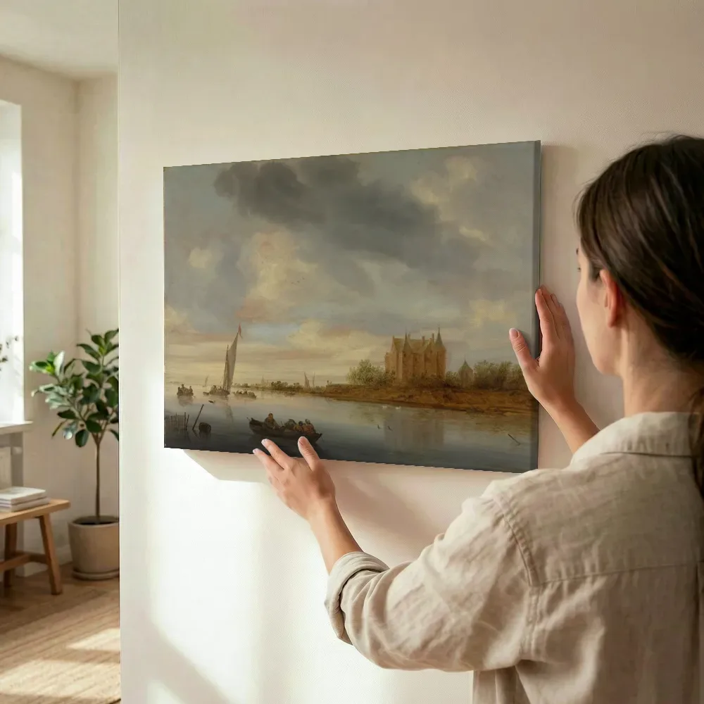 Sfeerimpressie: Kasteel aan een rivier van Salomon van Ruysdael terwijl het wordt opgehangen