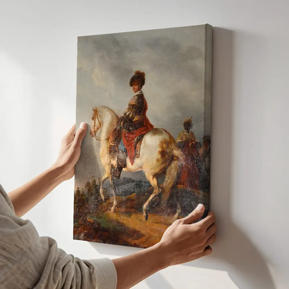 Sfeerimpressie: Ruiter op een wit paard van Francesco Giuseppe Casanova terwijl het aan de muur wordt gehangen