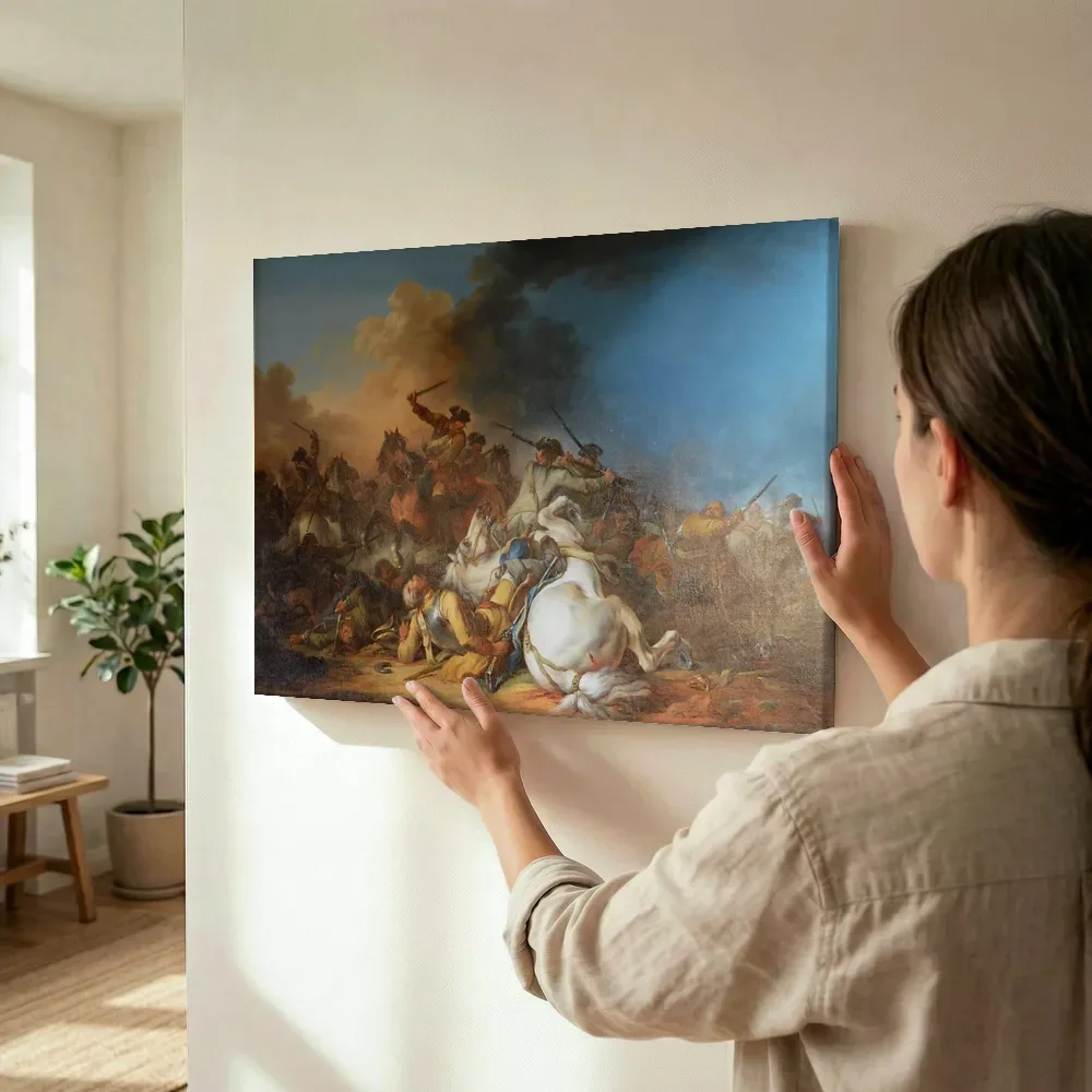 Sfeerimpressie: Cavalry Engagement van Francesco Giuseppe Casanova terwijl het wordt opgehangen
