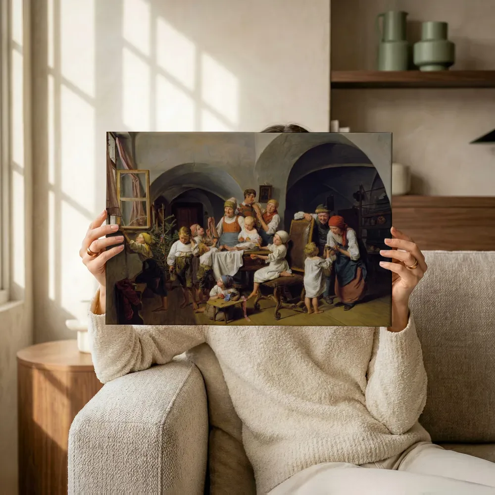 Sfeerimpressie: Christmas Morning van Ferdinand Georg Waldmüller terwijl het omhoog wordt gehouden