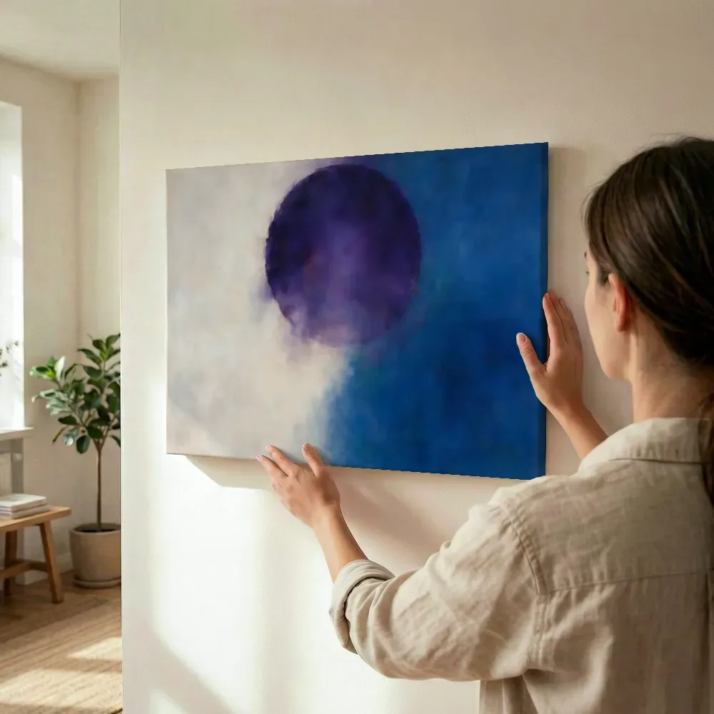 Sfeerimpressie: Cirkel in diep kobalt en violet terwijl het wordt opgehangen