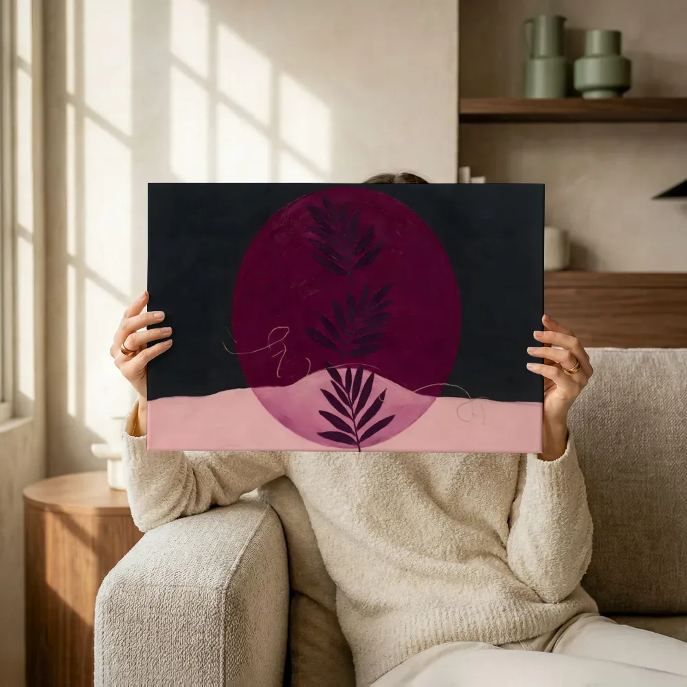 Sfeerimpressie: Cirkel met bladsilhouet Retro Shapes in magenta 3 terwijl het omhoog wordt gehouden
