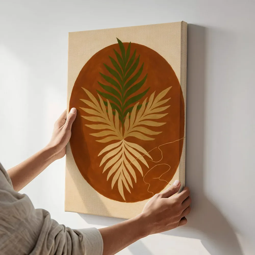 Sfeerimpressie: Cirkel met bladsilhouet Retro Shapes in olijfgroen terwijl het aan de muur wordt gehangen