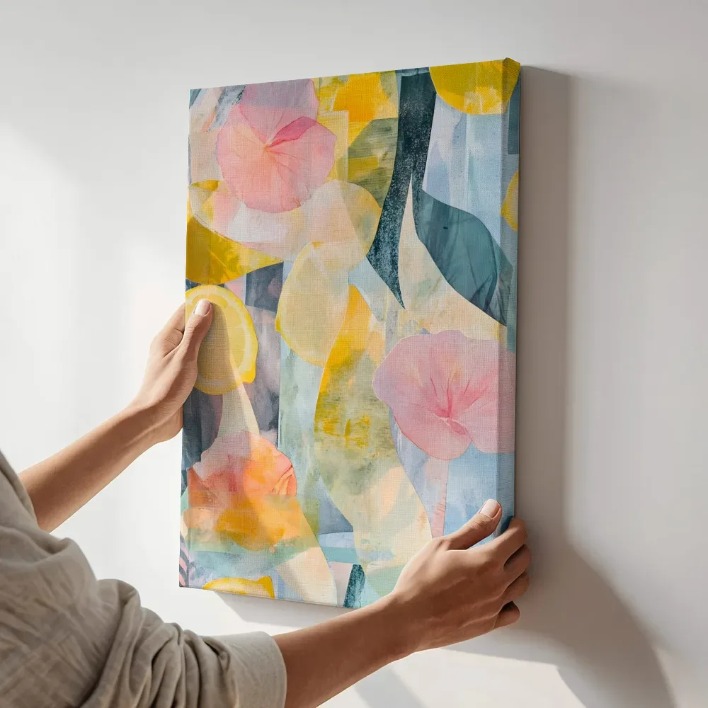 Sfeerimpressie: Citroen en bloemen collage terwijl het aan de muur wordt gehangen