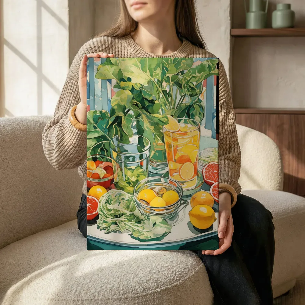 Sfeerimpressie: Citrusfruit en groenten op tuintafel terwijl het zittend wordt getoond