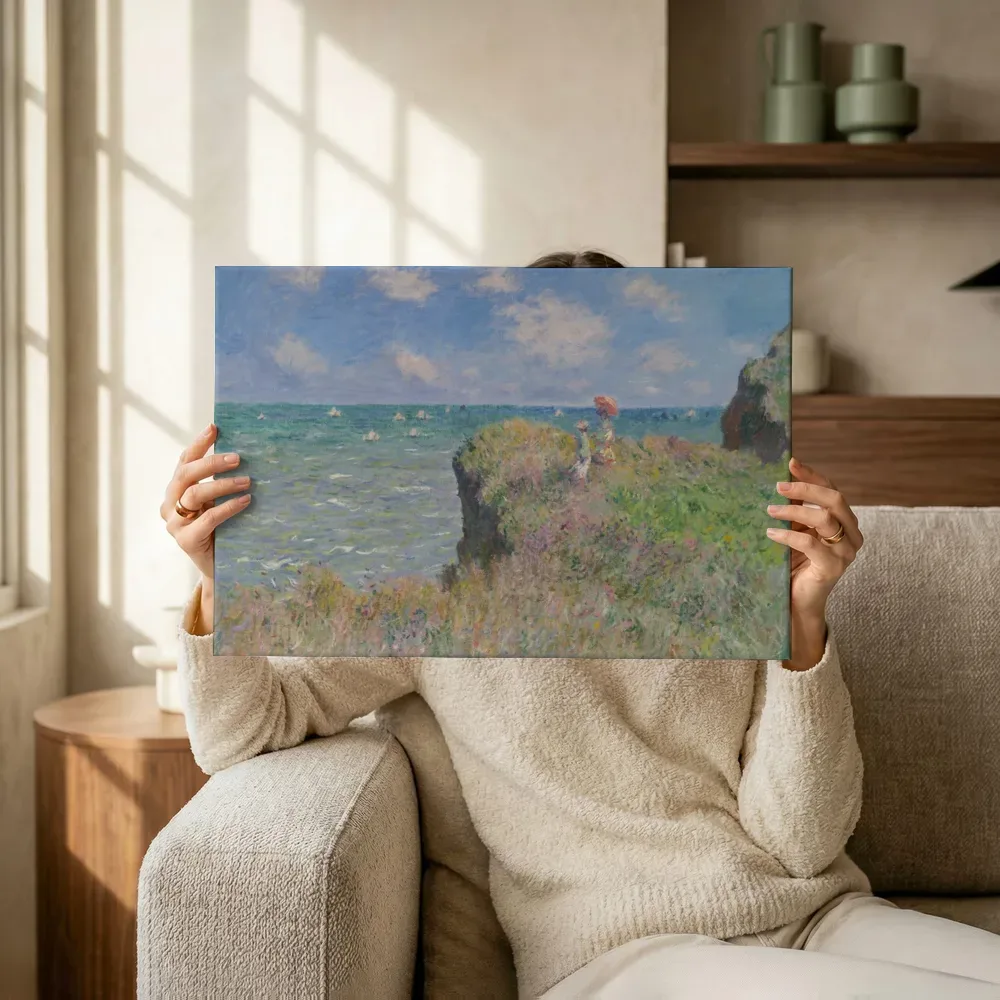 Sfeerimpressie: Wandeling op de klif bij Pourville van Claude Monet terwijl het omhoog wordt gehouden