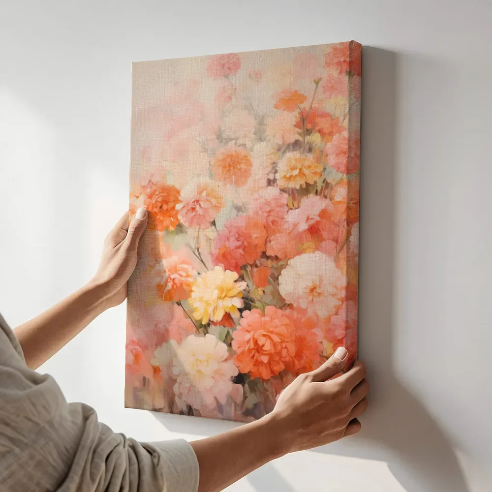 Sfeerimpressie: Dicht bloemenboeket in oranje en roze terwijl het aan de muur wordt gehangen