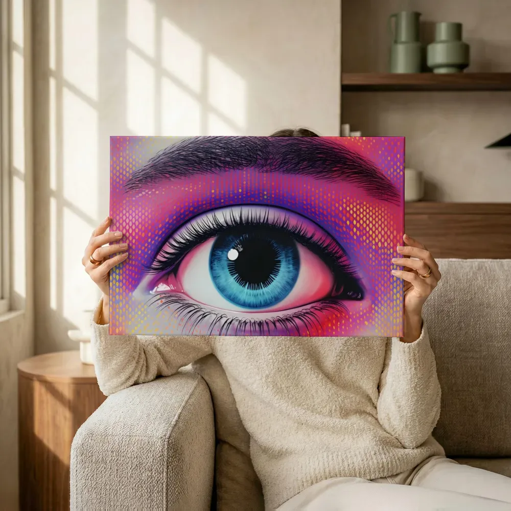 Sfeerimpressie: Close-up oog met halftoonpatroon terwijl het omhoog wordt gehouden