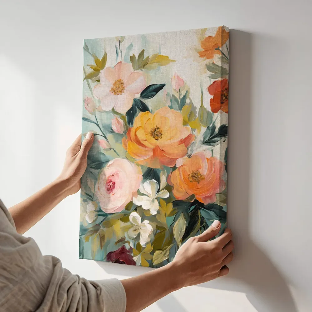 Sfeerimpressie: Close-up rozenboeket in perzik en roze terwijl het aan de muur wordt gehangen