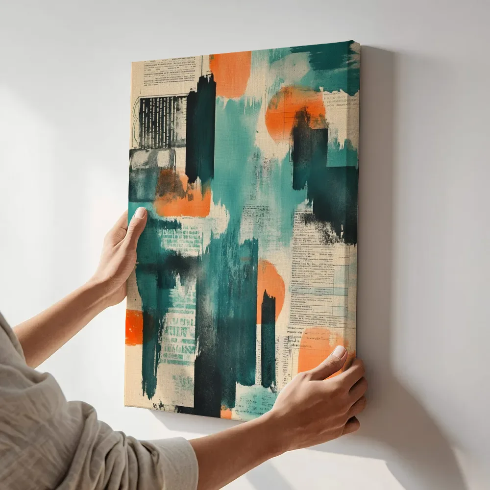 Sfeerimpressie: Collage petrolblauw en oranje blokken terwijl het aan de muur wordt gehangen