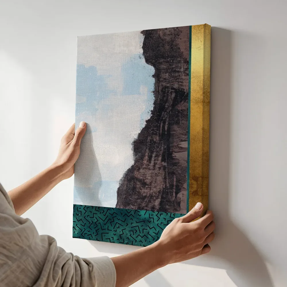Sfeerimpressie: Collage van rotstextuur, lucht en teal zigzag terwijl het aan de muur wordt gehangen