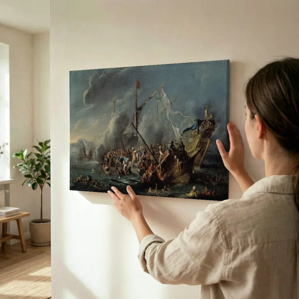 Sfeerimpressie: Combate naval entre españoles y turcos van Cornelis de Wael terwijl het wordt opgehangen