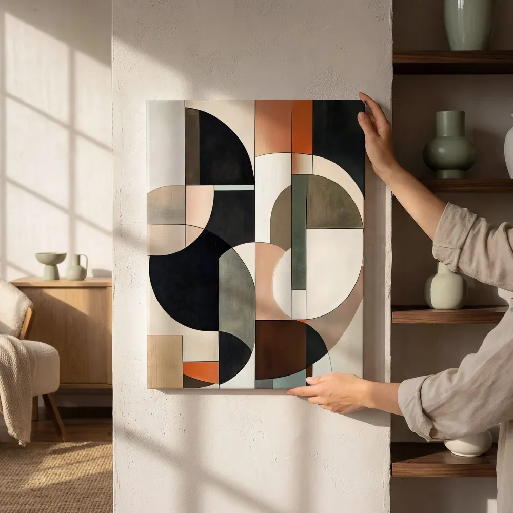 Sfeerimpressie: Complexe art deco compositie in terracotta en zwart naast de kast