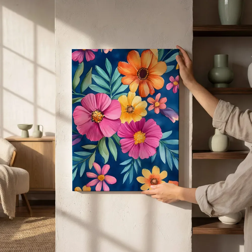 Sfeerimpressie: Cosmos bloemen op marineblauw naast de kast