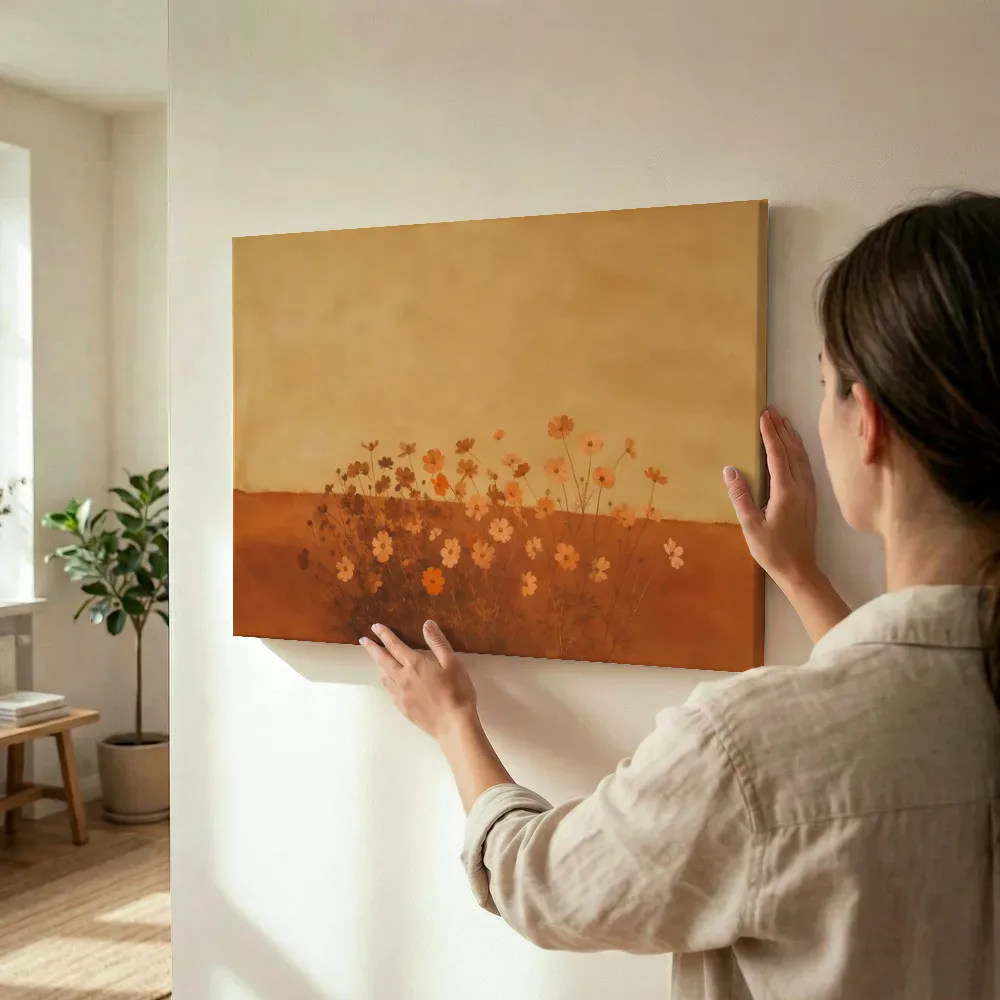 Sfeerimpressie: Cosmos in de wind in terracotta en zand terwijl het wordt opgehangen