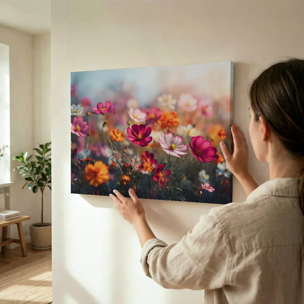 Sfeerimpressie: Cosmosbloemen in gouden zonlicht terwijl het wordt opgehangen