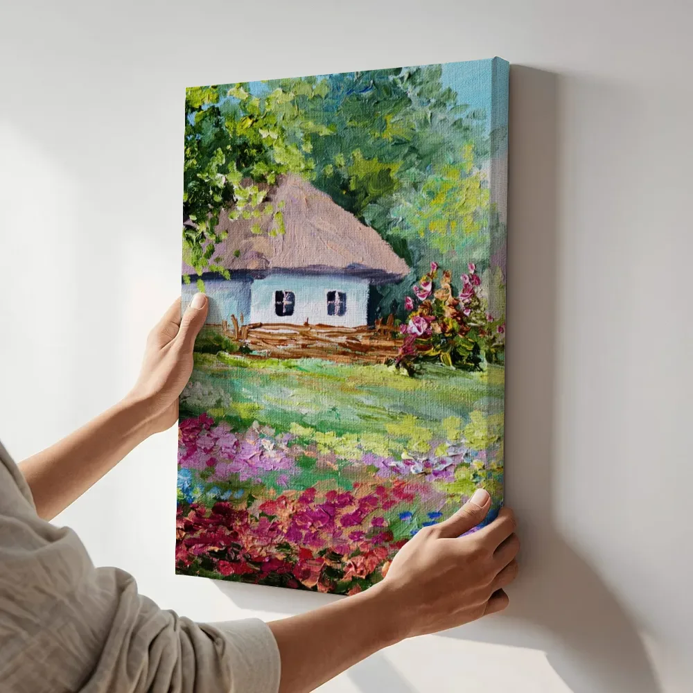 Sfeerimpressie: Cottage met bloementuin terwijl het aan de muur wordt gehangen