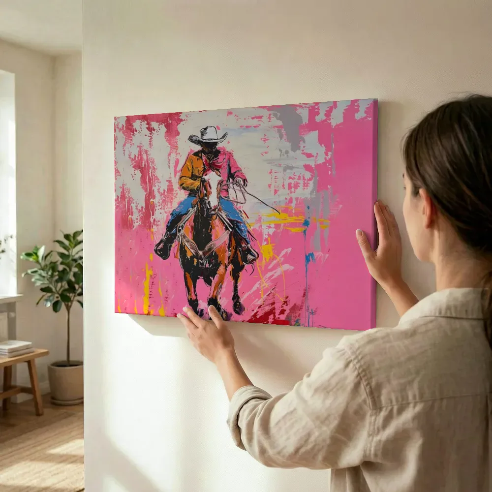 Sfeerimpressie: Cowboy te paard op roze achtergrond terwijl het wordt opgehangen
