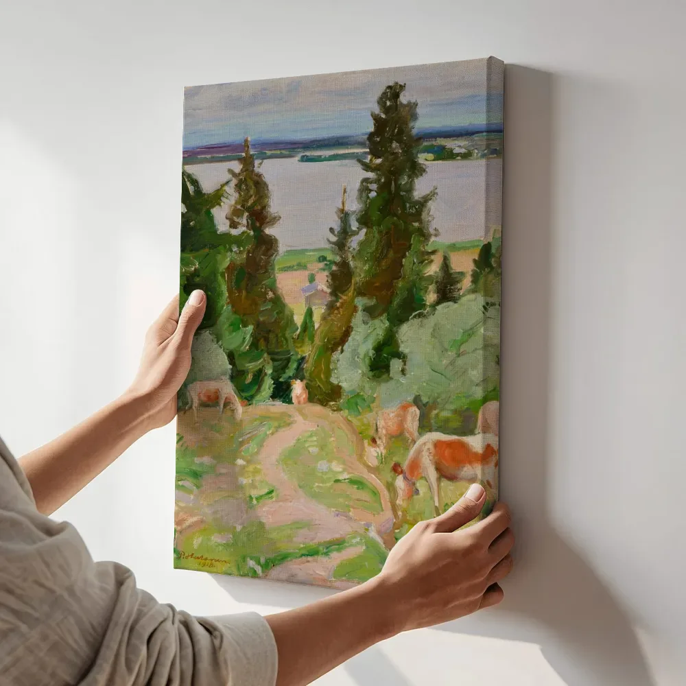 Sfeerimpressie: Koeien in Vaisalanmaki van Pekka Halonen terwijl het aan de muur wordt gehangen