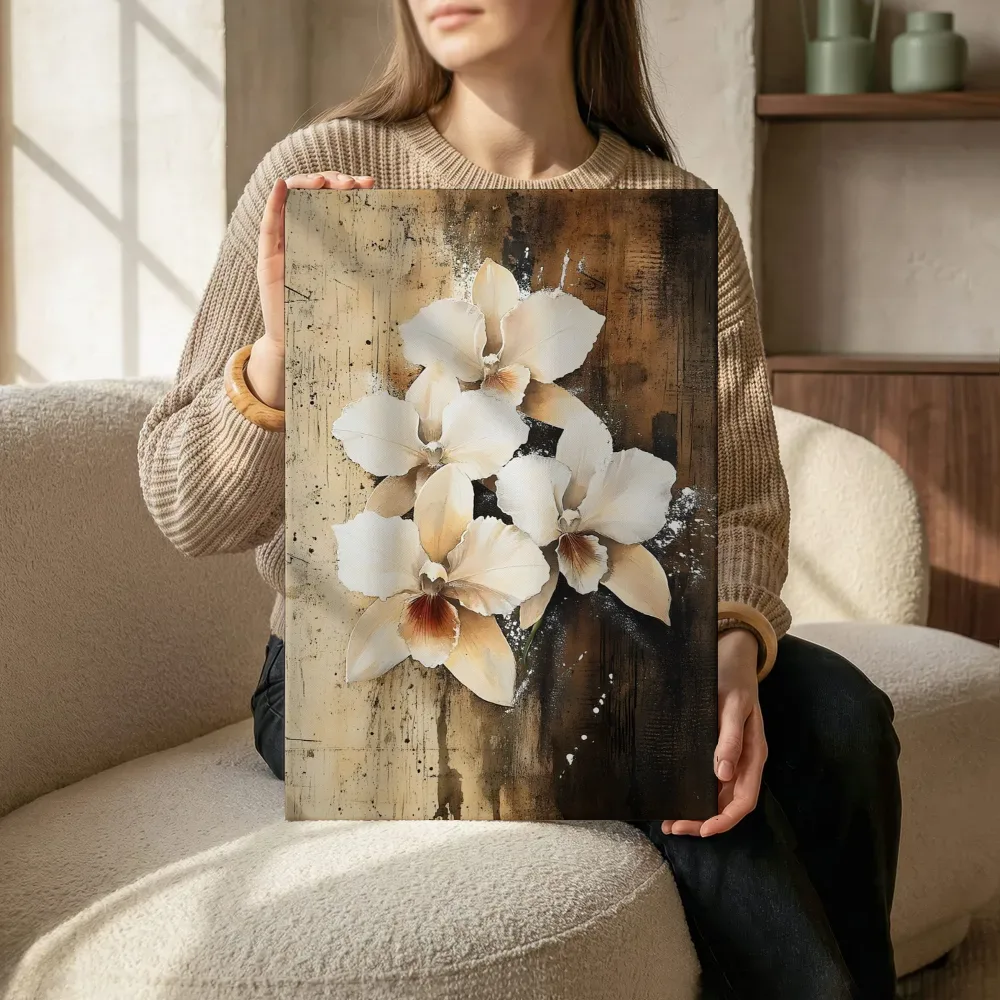 Sfeerimpressie: Crème orchideeën op bruin terwijl het zittend wordt getoond