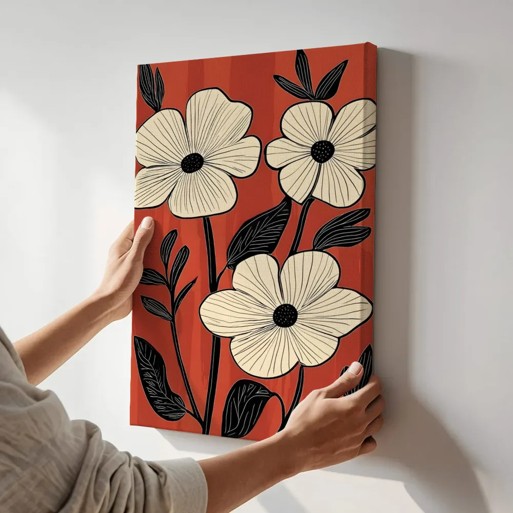 Sfeerimpressie: Crèmekleurige anemonen lijntekening terwijl het aan de muur wordt gehangen