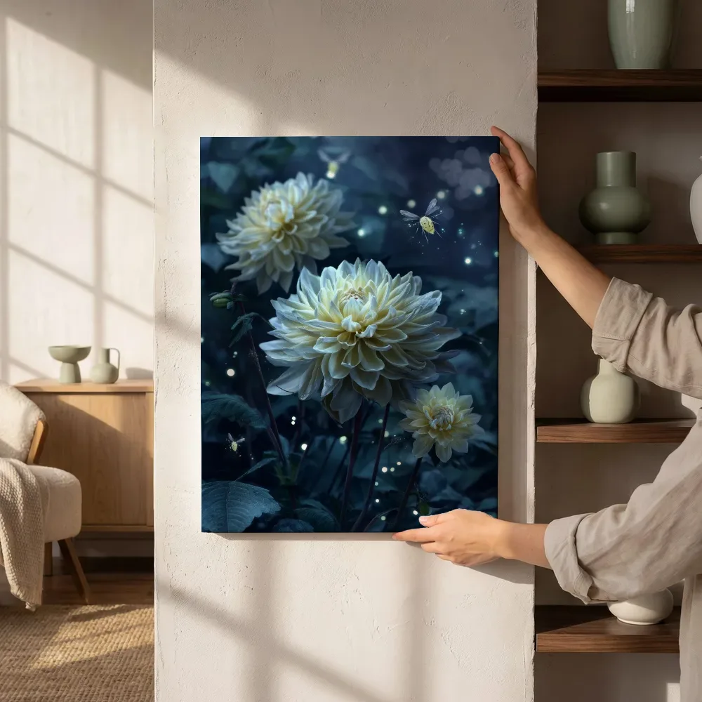 Sfeerimpressie: Crèmewitte dahlia's bij nacht naast de kast