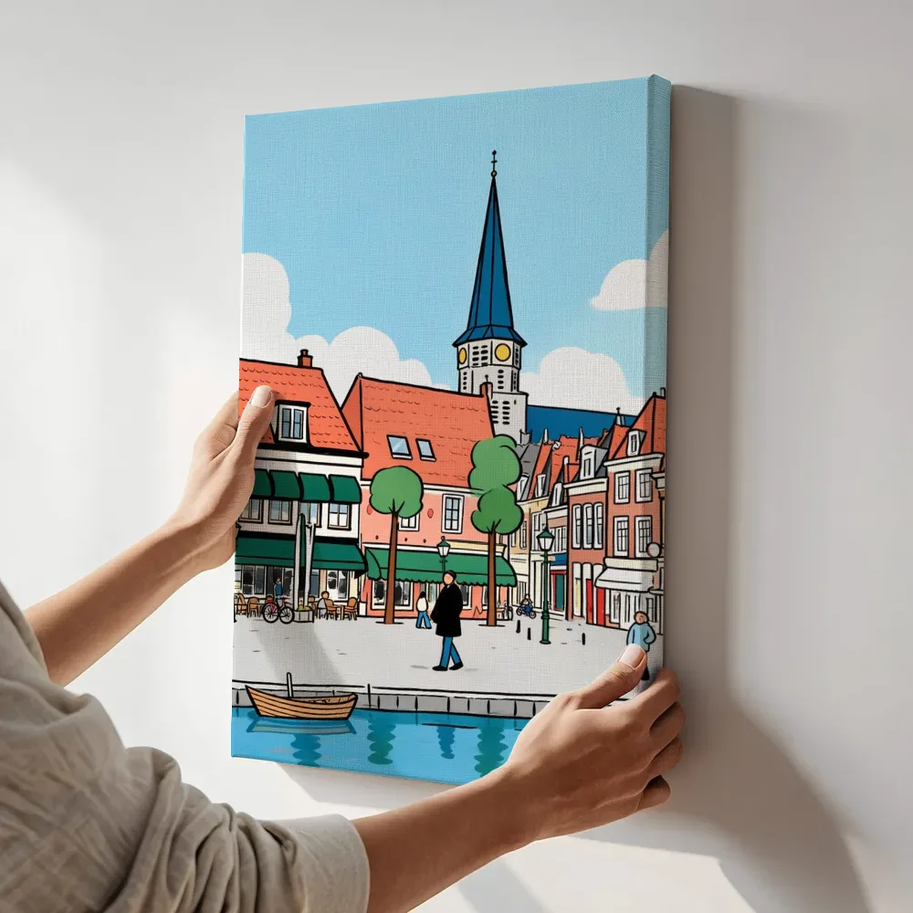 Sfeerimpressie: Culemborg, straat in cartoonstijl terwijl het aan de muur wordt gehangen