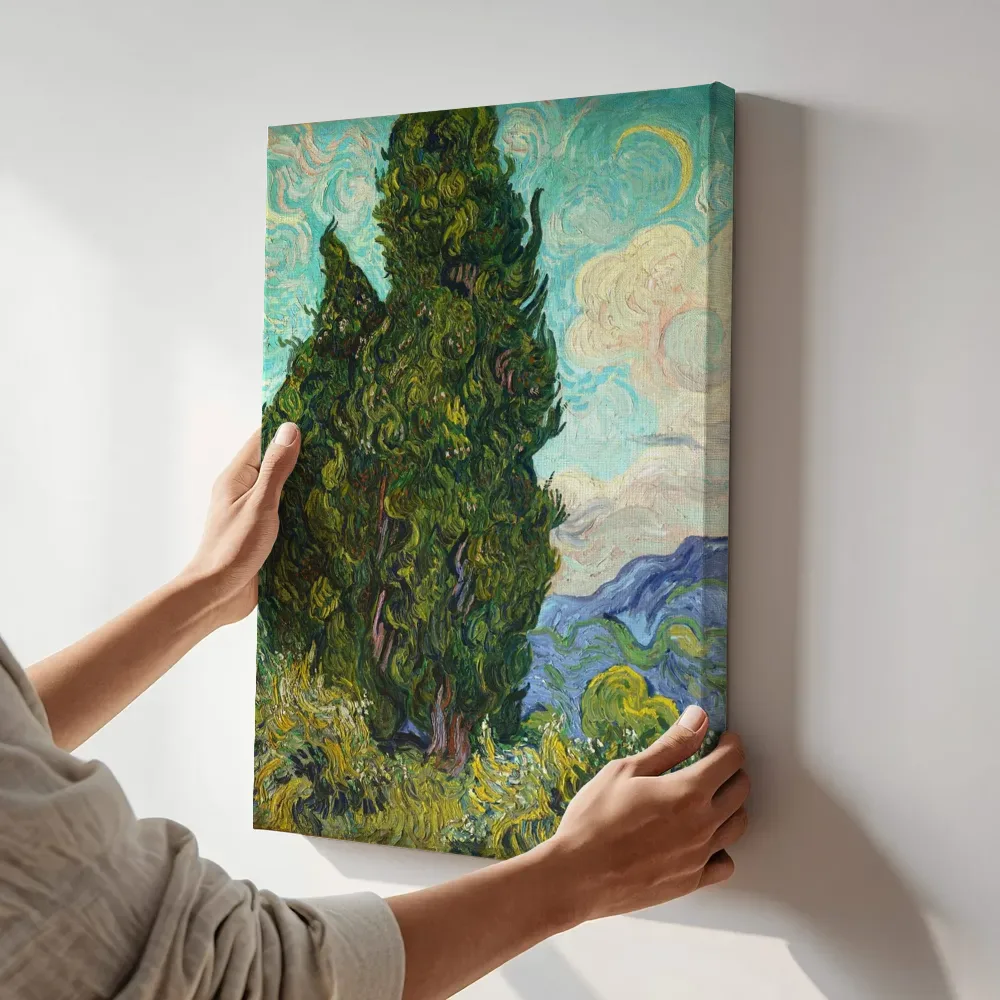 Sfeerimpressie: Cypresses 1889 van Vincent van Gogh terwijl het aan de muur wordt gehangen