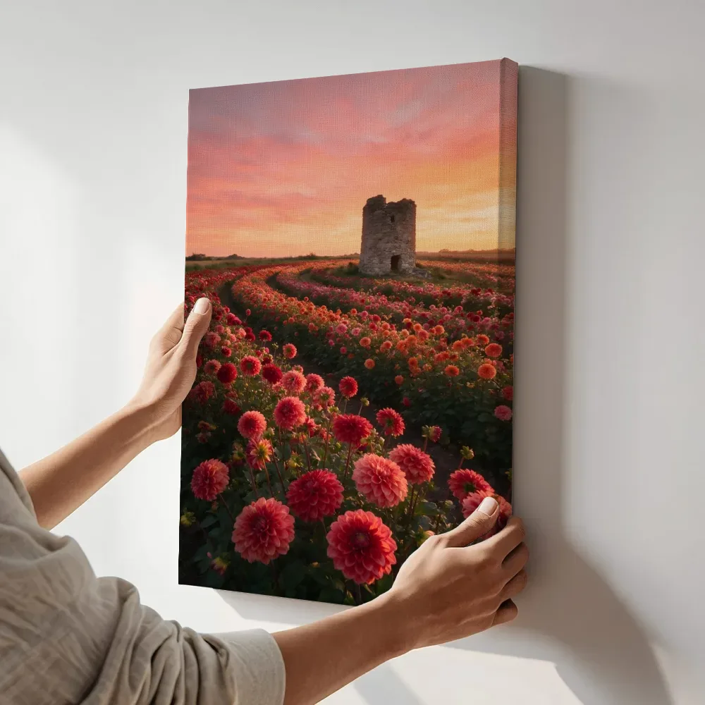 Sfeerimpressie: Dahlia bij de zonsondergang 3 terwijl het aan de muur wordt gehangen