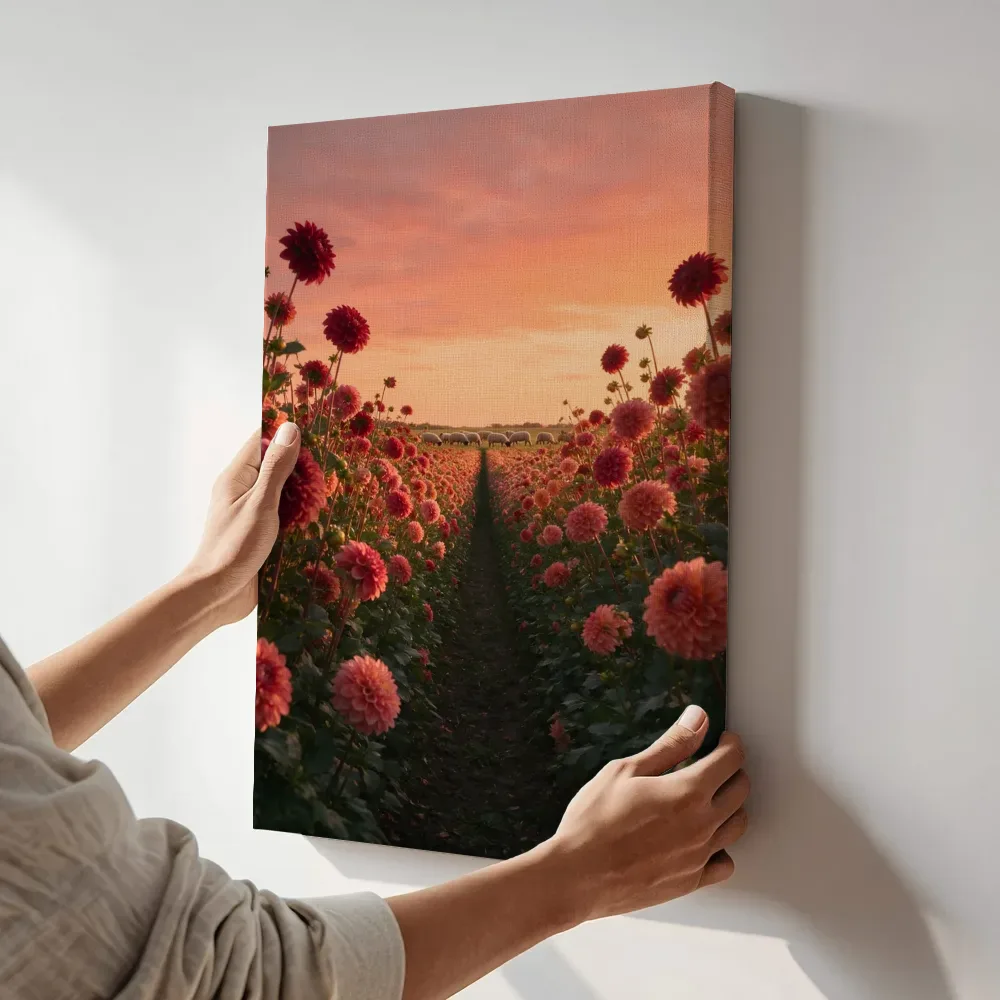 Sfeerimpressie: Dahlia bij de zonsondergang 9 terwijl het aan de muur wordt gehangen