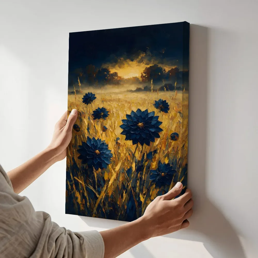 Sfeerimpressie: Dahlia in de weide in blauwgeel terwijl het aan de muur wordt gehangen