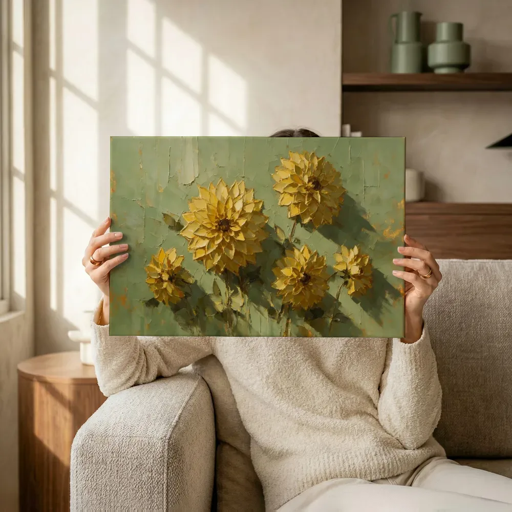 Sfeerimpressie: Dahlia in groepjes in mosterd terwijl het omhoog wordt gehouden