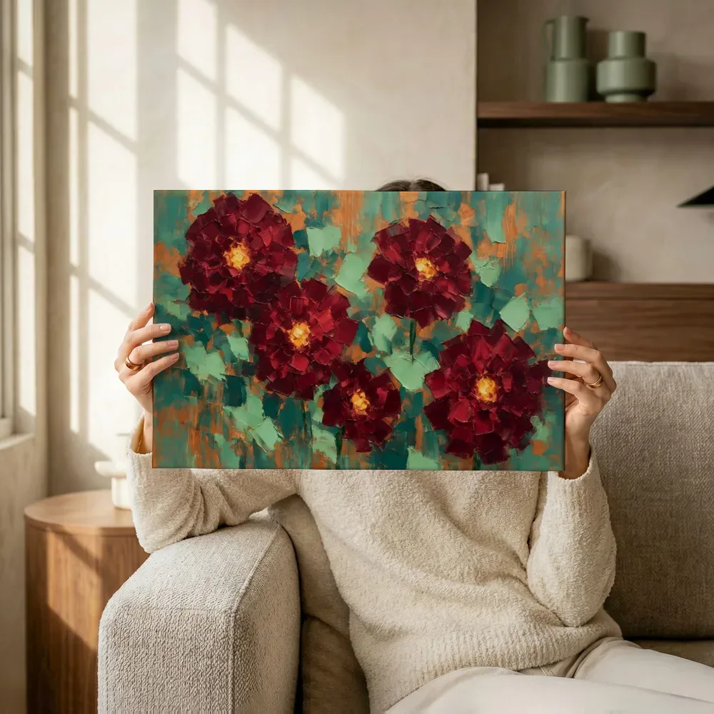 Sfeerimpressie: Dahlia in groepjes in wijnmint terwijl het omhoog wordt gehouden