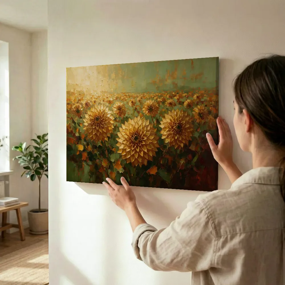 Sfeerimpressie: Dahlia in het landschap in kopergloed terwijl het wordt opgehangen