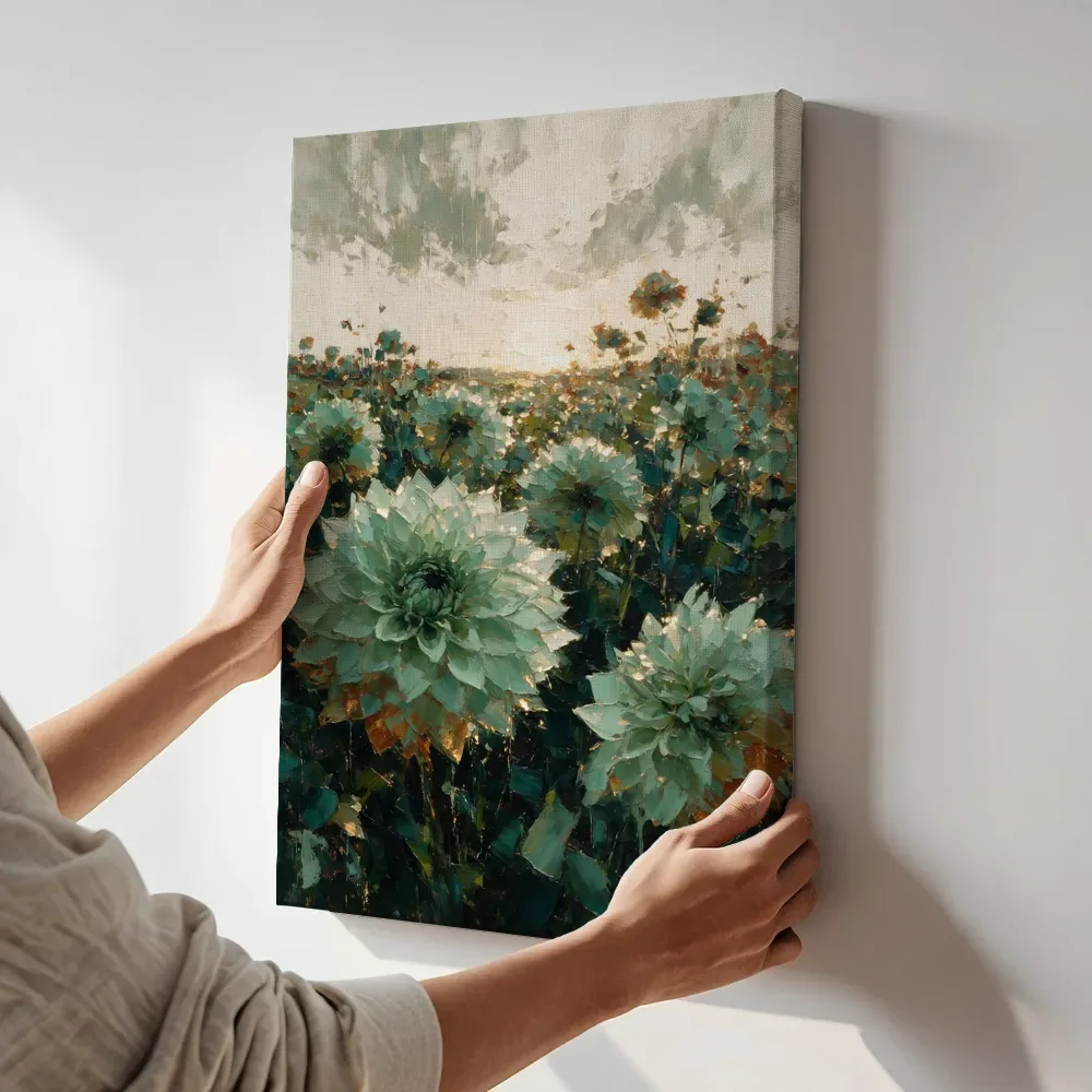 Sfeerimpressie: Dahlia in het landschap in zeegroen terwijl het aan de muur wordt gehangen