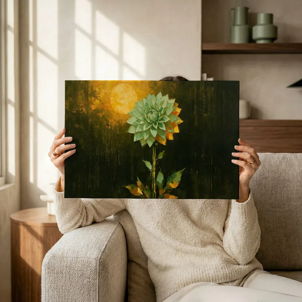 Sfeerimpressie: Dahlia in mint terwijl het omhoog wordt gehouden