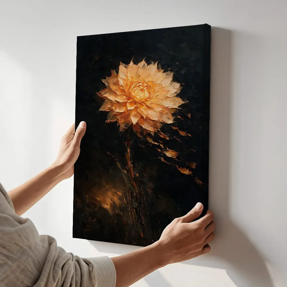 Sfeerimpressie: Dahlia in perzik terwijl het aan de muur wordt gehangen