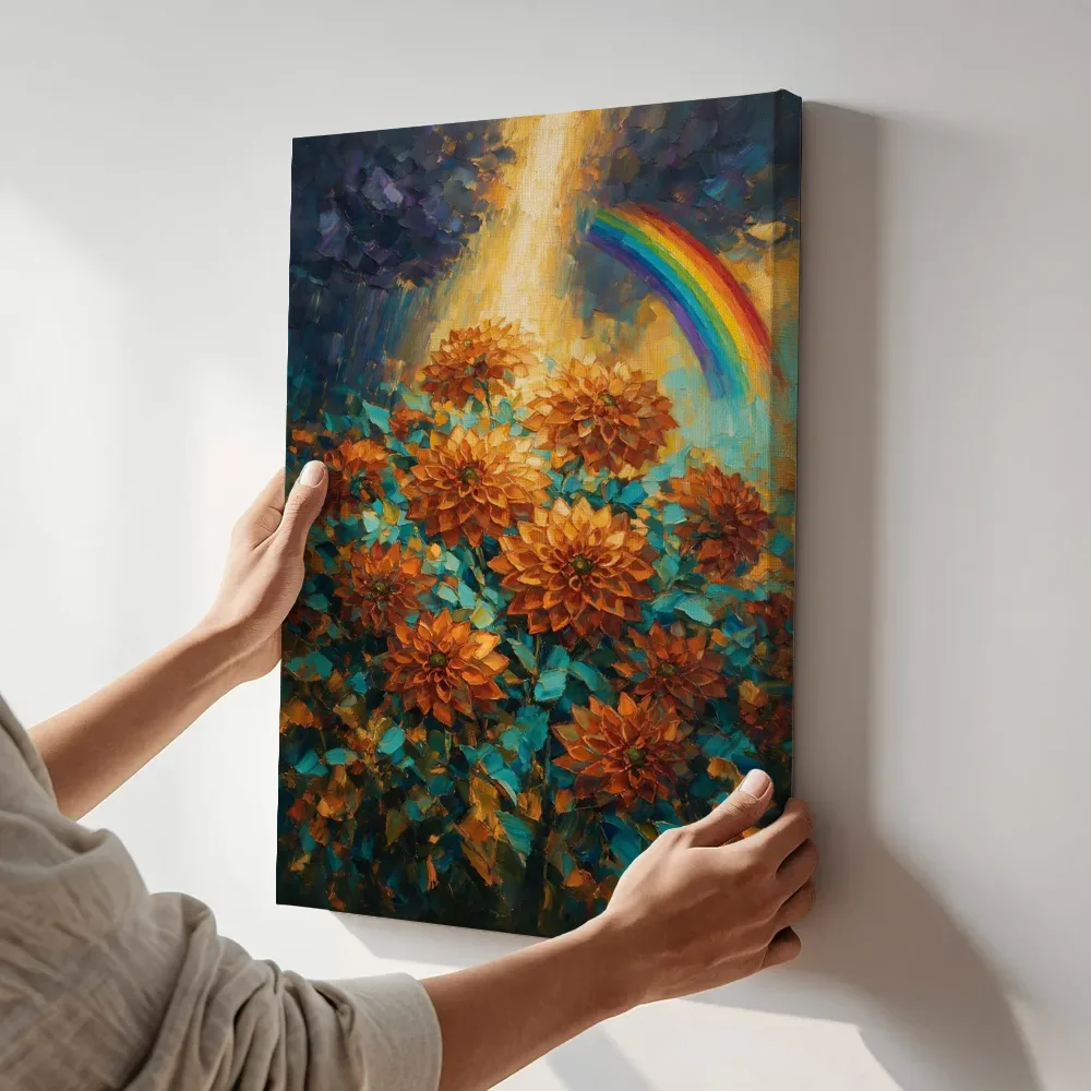 Sfeerimpressie: Dahlia in roestturkoois terwijl het aan de muur wordt gehangen