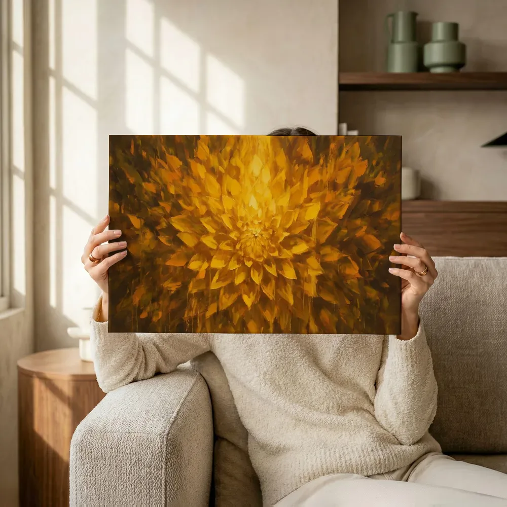 Sfeerimpressie: Dahlia in saffraan terwijl het omhoog wordt gehouden