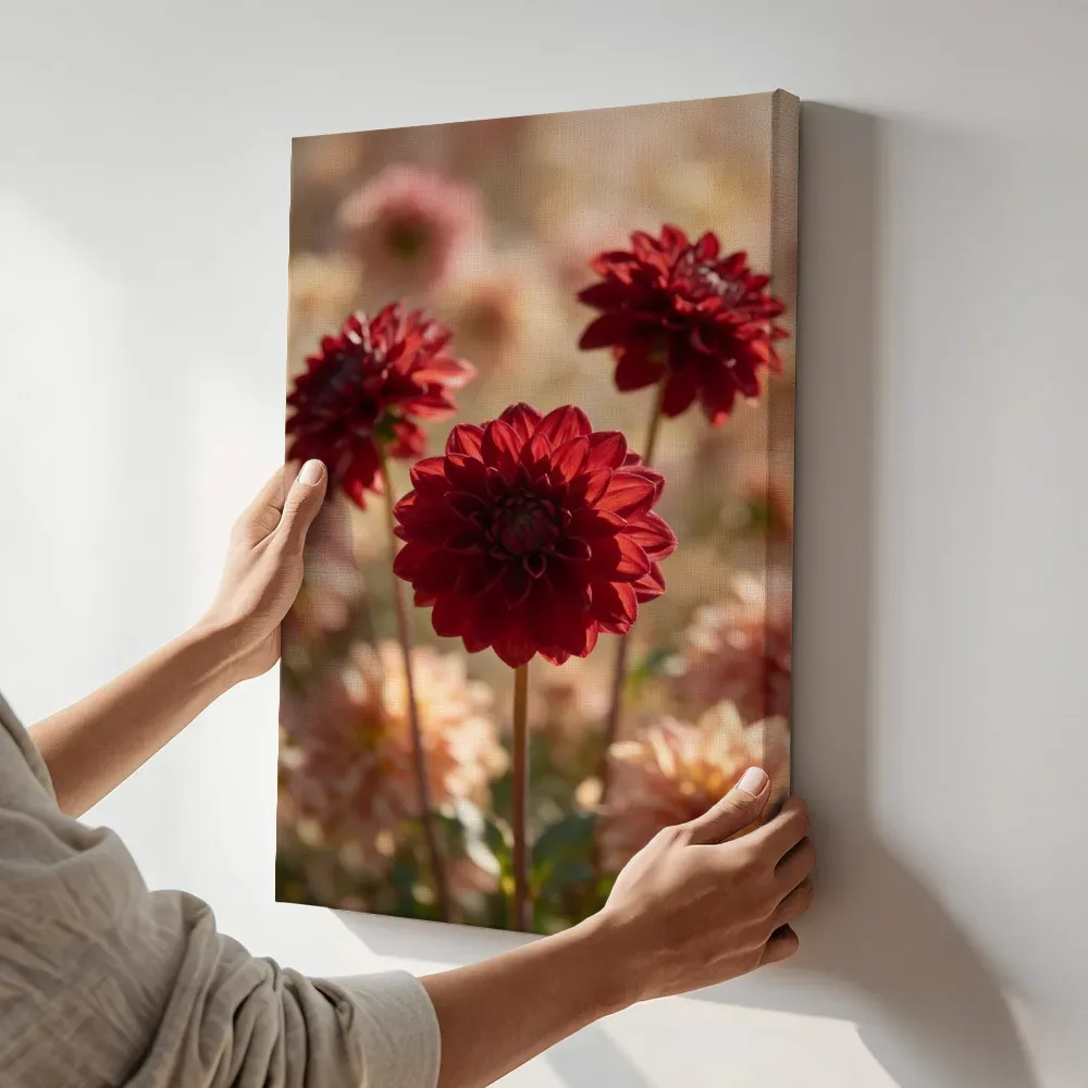 Sfeerimpressie: Dahlia in volle zon, dieprood 2 terwijl het aan de muur wordt gehangen