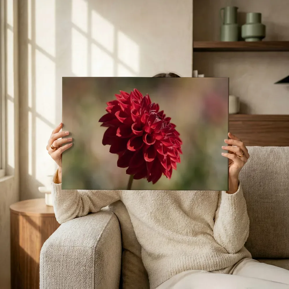 Sfeerimpressie: Dahlia in volle zon, dieprood 3 terwijl het omhoog wordt gehouden