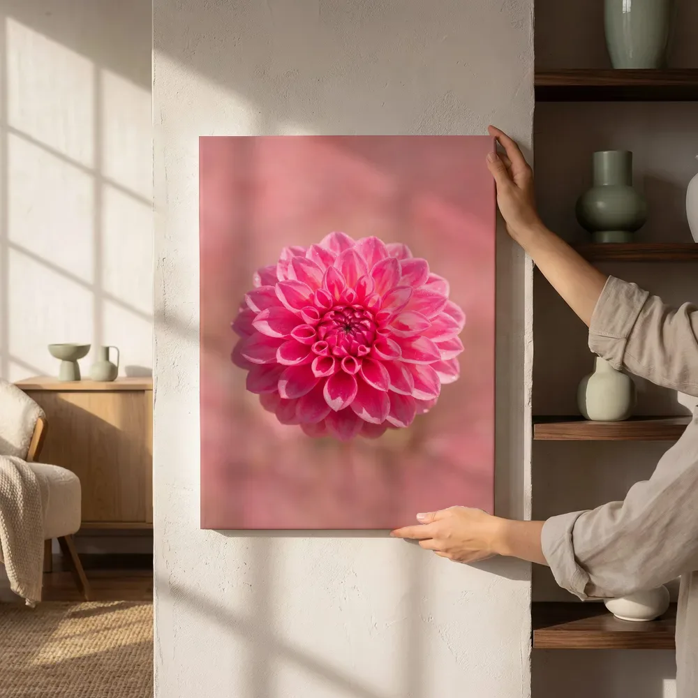 Sfeerimpressie: Dahlia in volle zon, felroze naast de kast