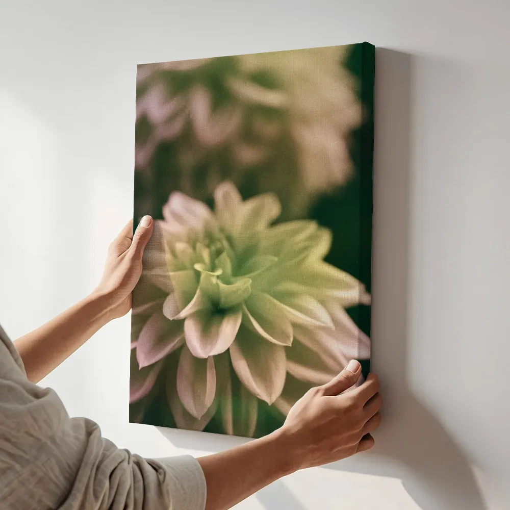 Sfeerimpressie: Dahlia in zachte pastelgloed terwijl het aan de muur wordt gehangen