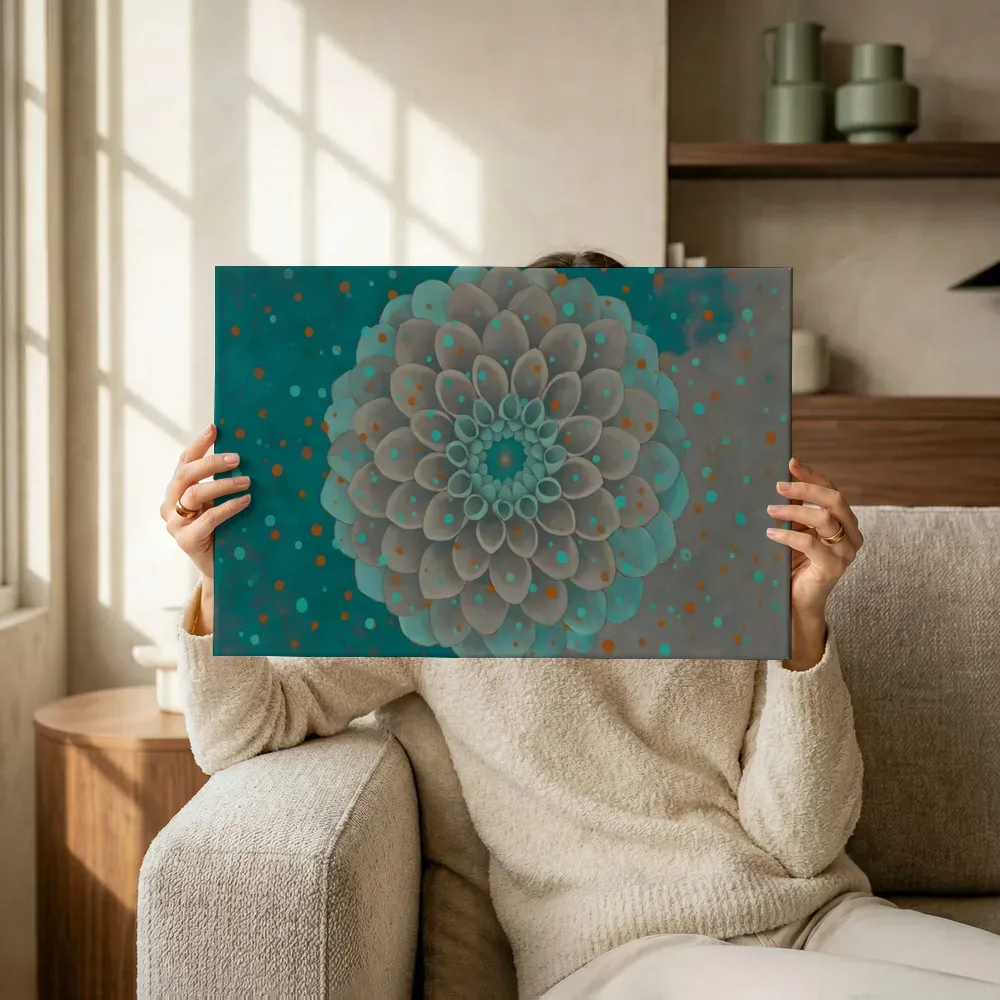 Sfeerimpressie: Dahlia van dichtbij in aqua en warm grijs terwijl het omhoog wordt gehouden
