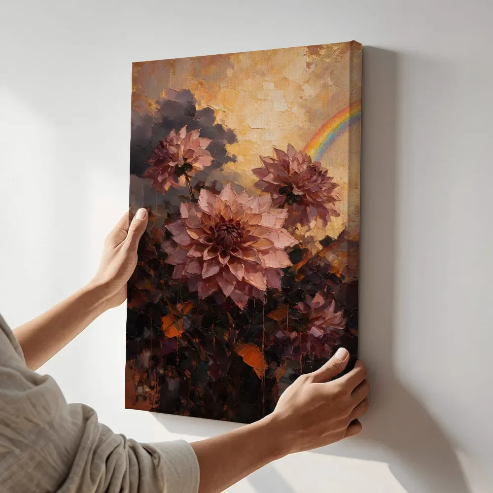Sfeerimpressie: Dahlia van dichtbij in oudroze terwijl het aan de muur wordt gehangen