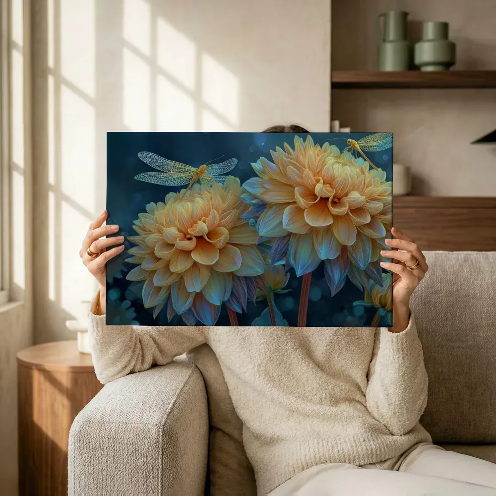 Sfeerimpressie: Dahlia's in avondlicht met libellen terwijl het omhoog wordt gehouden