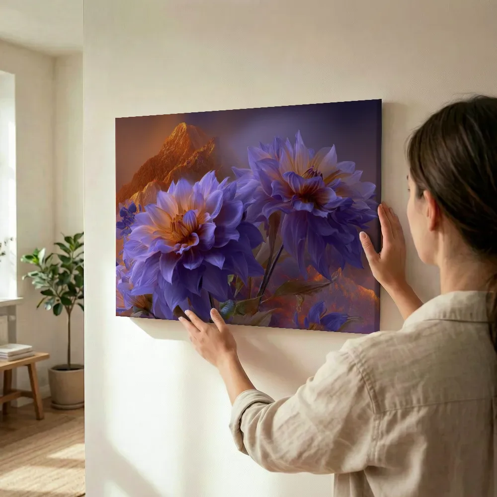 Sfeerimpressie: Dahlia's in gouden bergglans terwijl het wordt opgehangen